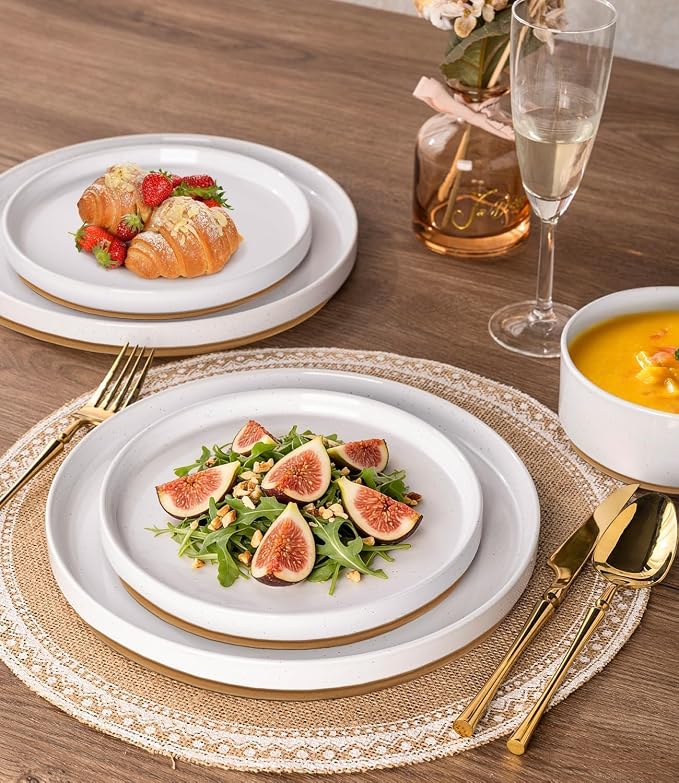 AmorArc Stoneware Dinnerware Sets for 8,24Pcs Plates and Bowls Set | Handmade Ceramic Dish Set,Dishwasher & Microwave Safe,Scratch Resistant-White