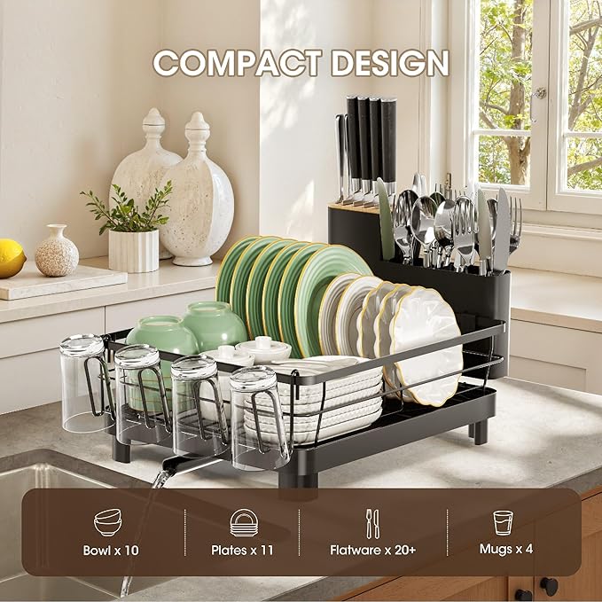 Runnatal Dish Drying Rack with Drainboard for Kitchen Counter and Sink | Large Dish Rack Rustproof Dish Drainer with Detachable 2-in-1 Utensil Holder, Extra Cup Holder, Black