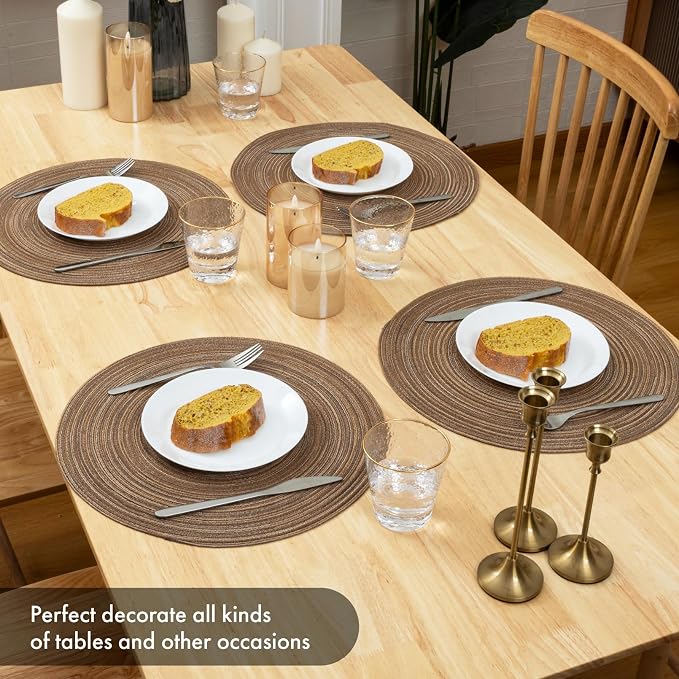 Winknowl Round Braided Placemats Set of 4 Washable Woven Heat Resistant Table Mats for Kitchen Dining Tables 15 inch Round Place Mats (Brown,4)
