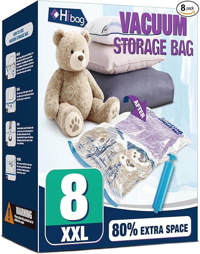 XXL Jumbo Vacuum Seal Storage Bags Extra Large for Clothing Bedding | 47''X35'', Airtight Triple Seal, Save 80% Space, Hand Pump, Work with Vacuum, Double Zip, Reusable, Easy to Use, 8 pack