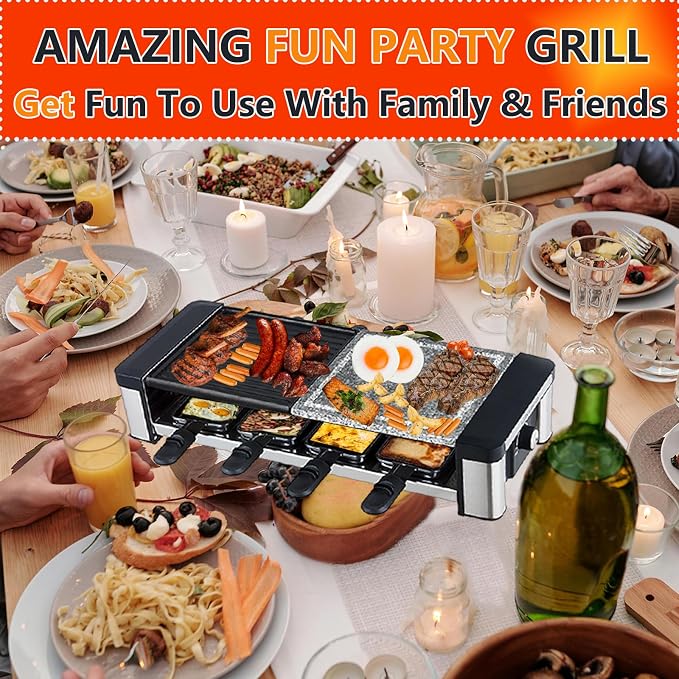 GIVENEU Raclette Grill 8 Person, 1200W, Natural Stone & Reversible Plate | 3-in-1 Stone, Grooved & Flat Plate; Dishwasher Safe Pans; Cheese Raclette, Korean BBQ, Teppanyaki; Christmas, Holiday Gift