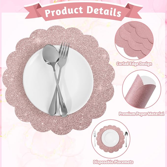 60Pcs Rose Gold Glitter Paper Placemats, Disposable Scalloped Placemat | 13.5 Inch Round Sparkle Table Place Mats Decorative Paper for Baby Shower Tea Garden Party Wedding Birthday Banquet