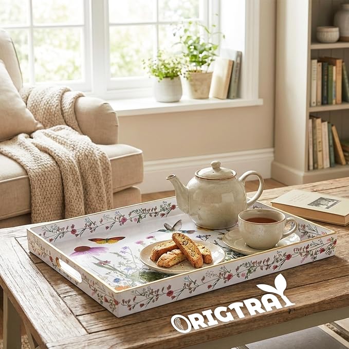 Serving Tray with Handles, Rectangular Plastic Tray 15.75x11.81 Inch, Wildflower, Butterflies & Hummingbirds Style Decorative Tray for Kitchen, Dining Table, Vanity, Office & Home