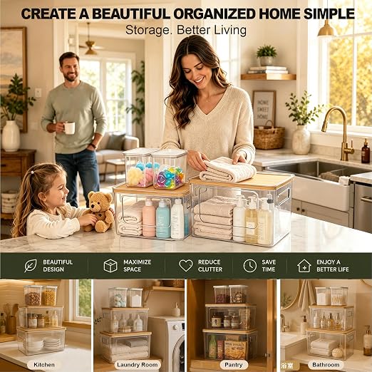 Trash Bag Organizer Under Sink Storage, 4 Piece Stackable Clear Storage Bins with Bamboo Lids, Fits 13/30/33 Gallon Bags, Organizer for Laundry Pods, Dishwasher Pods, Kitchen Pantry