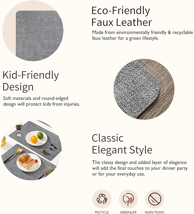 Maxpearl Faux Leather Placemats Set of 8, Easy to Clean, Light Grey | Waterproof - Heat Resistant - Non Slip - Wipe Clean Dining Table Place Mats, Suitable for Indoor & Outdoor Use, 17''×12''