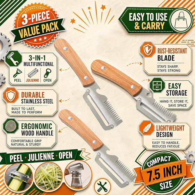 3Pcs Multifunctional vegetable peeler 2026 New 3 in 1 Stainless Steel Blade Wooden Handle Bottle Opener Kitchen Tool For Veggie Fruit