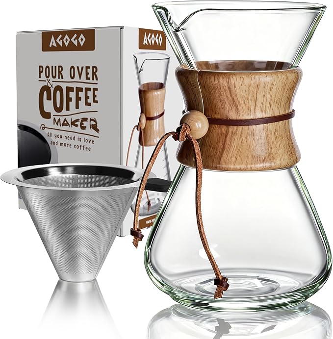 AGOGO Pour Over Coffee Maker Set, 28oz Slim Style, 304 Stainless Filter | Barista kit for home kitchen, Cafe, Camping & Office; 20oz-40oz Classic, Slim, Diamond styles; Includes brush & towel.