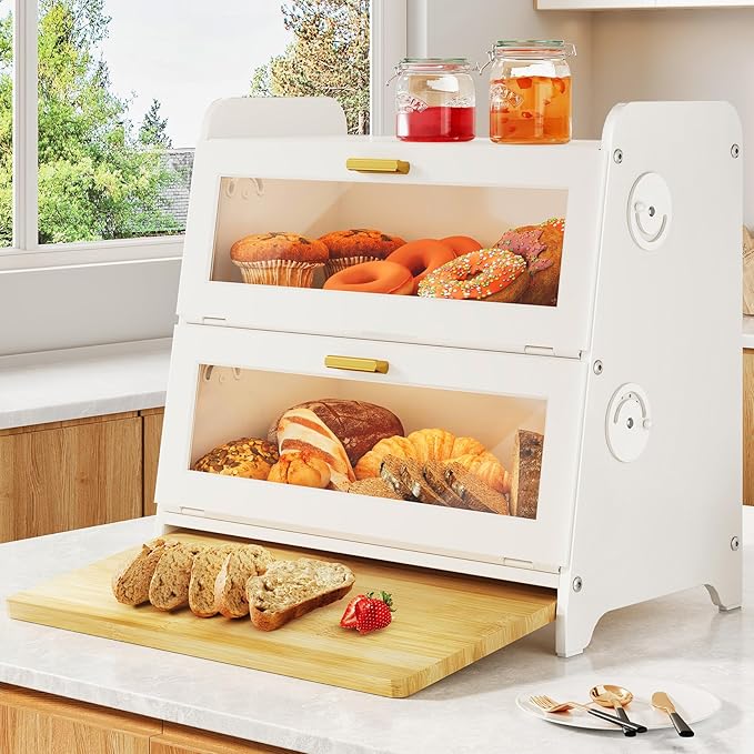 SNTD 2 Tier Bread Box for Kitchen Countertop, Adjustable Ventilation, White | Bamboo Cutting Board, Airtight Design, See-Through Magnetic Door, Bread Storage Container for Homemade Bread, Multi-purpose