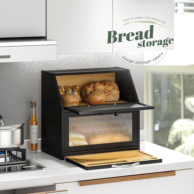 STDDRE Double Layer Bamboo Corner Bread Box with Cutting Board(Black) | Extra-large capacity. Double Layer Bread Storage Bin with Door Panel for Kitchen Counter.for kitchen counter