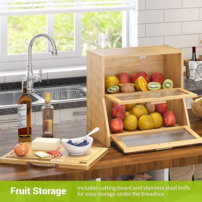 BMOSU Double-Layer Large Bread Box with Cutting Board for Kitchen Countertop Bread Box With Frosted Glass Window Bamboo(Natural)