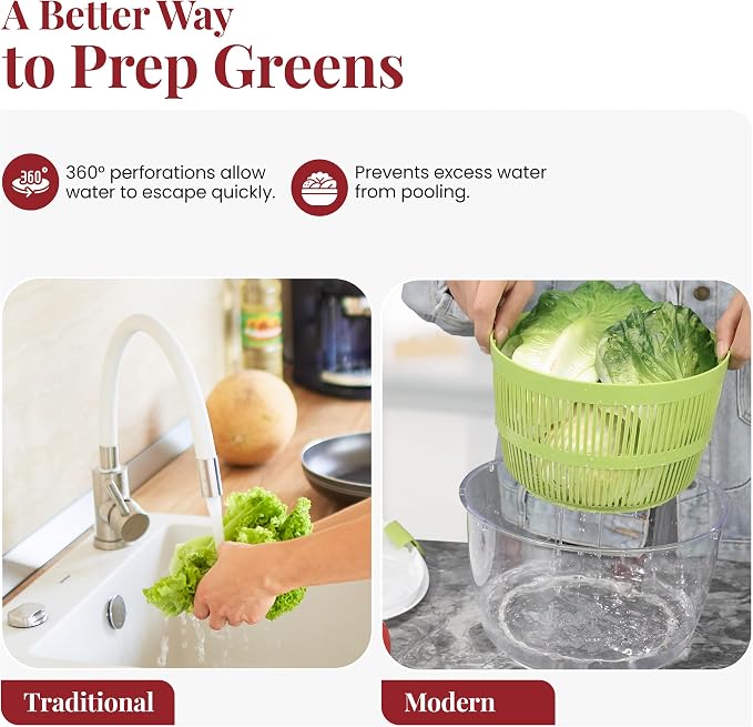 Salad Spinner | Spin & Dry Fruits, Vegetables & Greens Fast | Lettuce Washer with Dual Drain Holes | BPA-Free, Easy to Clean | 5.3 Quart Large Capacity