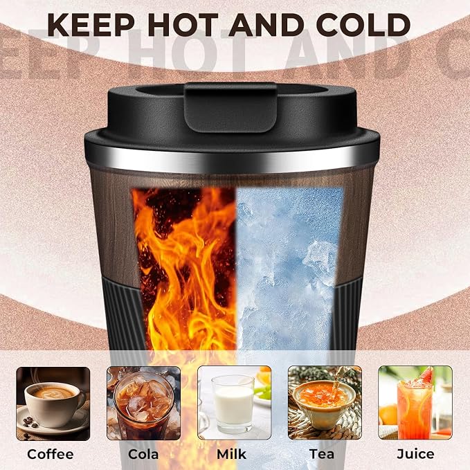 Insulated Coffee Tumbler 12 oz, Stainless Steel Coffee Mug with Lids, Travel Coffee Mug Leak Proof, Double Wall Vacuum Insulated Reusable Coffee Cup, Keep Drinks Hot and Cold (Wood, 12 Ounces)
