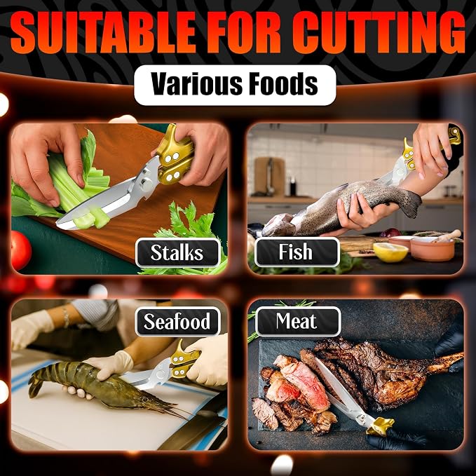 Kitchen Shears Heavy Duty, Safety Lock, Stainless Steel (Gold) | Poultry Shears for Chicken, Turkey, Spatchcock, Fish; Bone Cutting Scissors, Micro-Serrated, Spring-Loaded, Separate to Clean