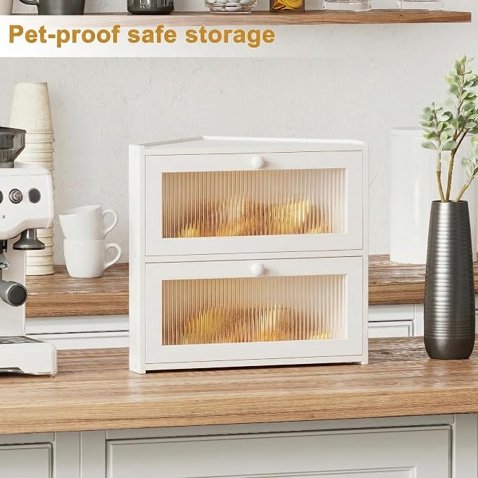 BAMBANG Corner Bread Box for Kitchen Countertop, Double Layer Bamboo Bread Storage Container with Wavy Windows, Farmhouse Large Bread Bin, Wooden Breadbox Holder for Homemade Bread (White)