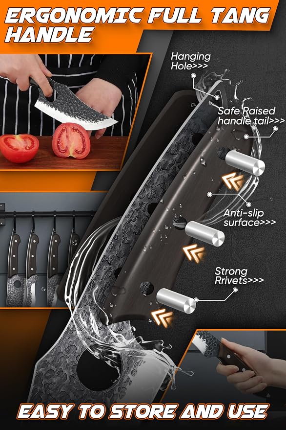 ROCOCO Butcher Cleaver Knife Set - 13PCS Serbian Chef Viking Boning Knife | Meat Cutting Knives with Roll Bag for Kitchen Outdoor BBQ Camping Birthday Christmas Father Mother Gift Idea Men
