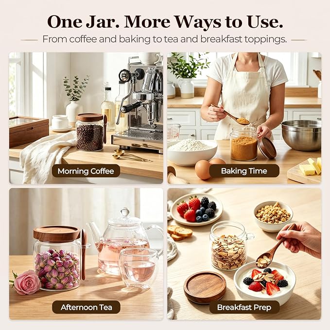 ComSaf Sugar Jars with Acacia wood Lids and Spoons 0.5Qt 2Pack, Decorative | Glass Food Storage Container, Brown Sugar Coffee Tea, Pantry Kitchen Countertop Coffee Bar, Wide Mouth, Canisters with Labels