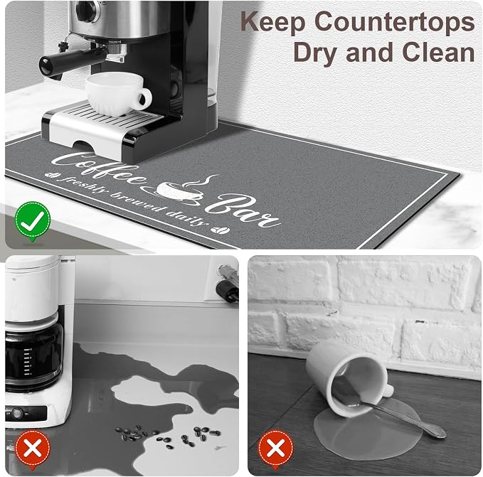 CooRug Fashion Coffee Mat, Dish Drying Mat 16" x 24" Dark Grey | Hide Stain, Absorbent, Coffee Bar Accessories, Heat Resistant, Non-slip, Eco-friendly, Easy to Clean