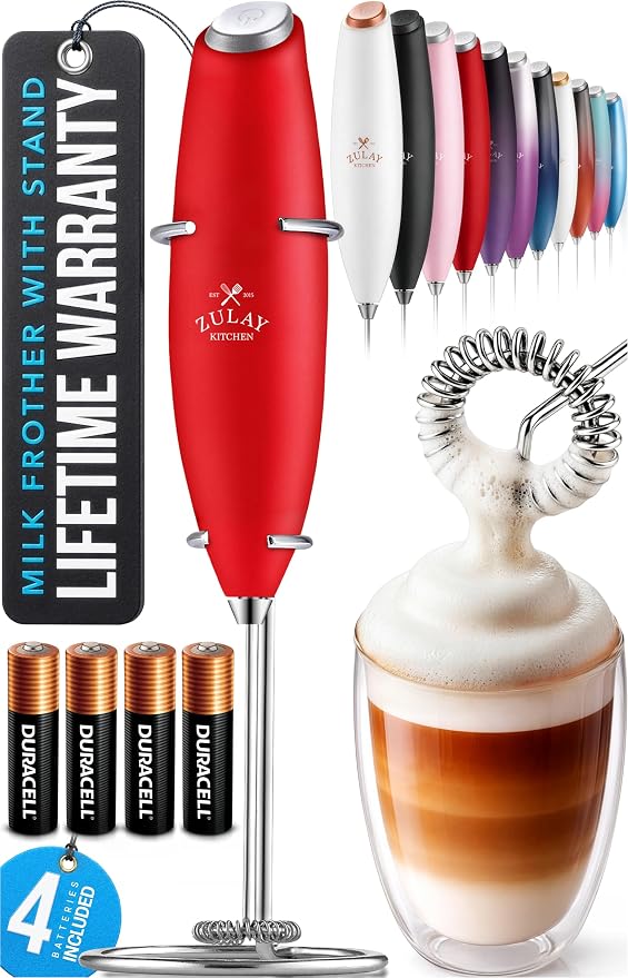 Zulay Kitchen Powerful Milk Frother Wand With Duracell Batteries - Ultra Fast Handheld Drink Mixer - Electric Whisk Foam Maker for Coffee, Lattes, Cappuccino & Matcha - Z1 Motor - Cardinal Red