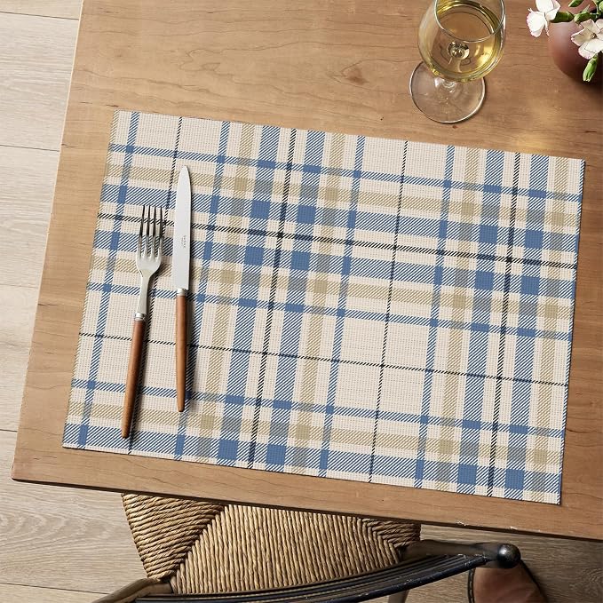 Artoid Mode Stripe Plaid Vinyl Placemats Set of 4, 12x18 Inch Washable Non-Slip Heat Resistant Plastic Place Mats for Party Dining Table, Brown/Blue