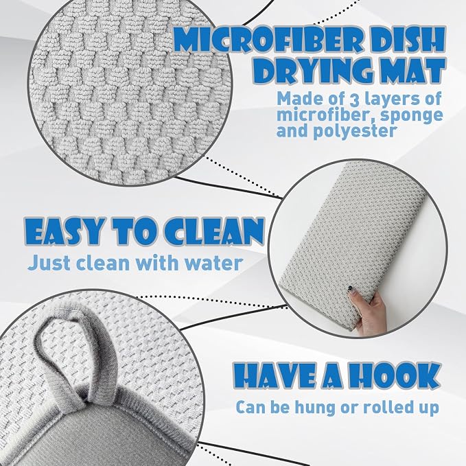 2 Pack Microfiber Dish Drying Mat,24 x 17 inch,Gray | Large Size,Super Absorbent,Drying Pad for Countertops,Sinks,Draining Racks