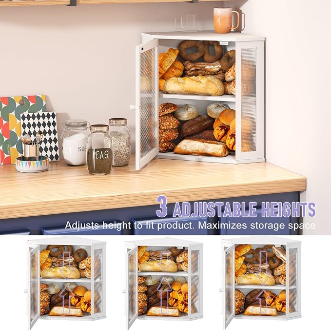 Corner Bread Box for Kitchen Countertop, Farmhouse Style with Acrylic Wavy Door Panel White Counter Bread boxes, Extra Large Food Storage Container