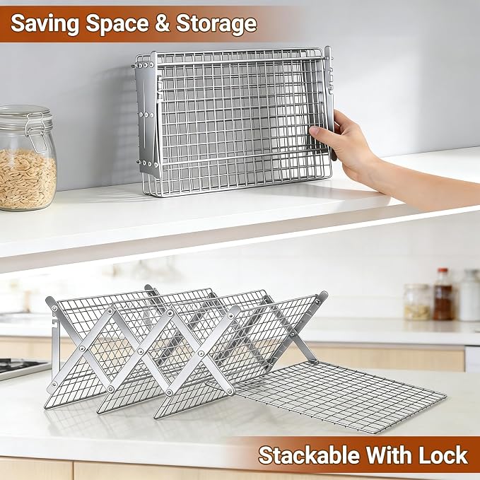 4 Tier Collapsible Cooling Rack - Adjustable Stainless Steel Baking Rack with Leak-Proof Mesh, X-Shaped Structure Cooling Rack for Cooking and Baking, Roasting ＆ Grilling Gift for Party