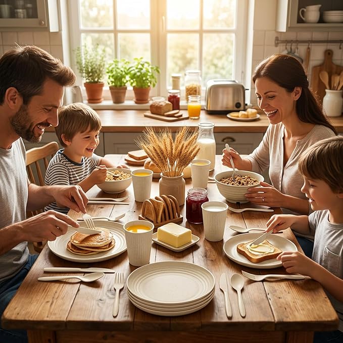 SHECIPIN 42-Piece Wheat Straw Dinnerware Set, Large Round Plates, Bowls and Cups, Unbreakable dish set, Dishwasher and Microwave Safe, Outdoor Dishes (Beige)