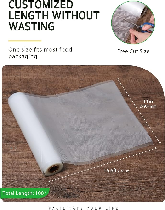 Syntus 6 Rolls 11" x 16.6' Vacuum Sealer Bags, BPA Free for Food Storage | 4mil Thick, Custom Length, Keep Food Fresh Longer, Freezer Microwave Sous Vide Cooking, Works with Most Vacuum Sealers