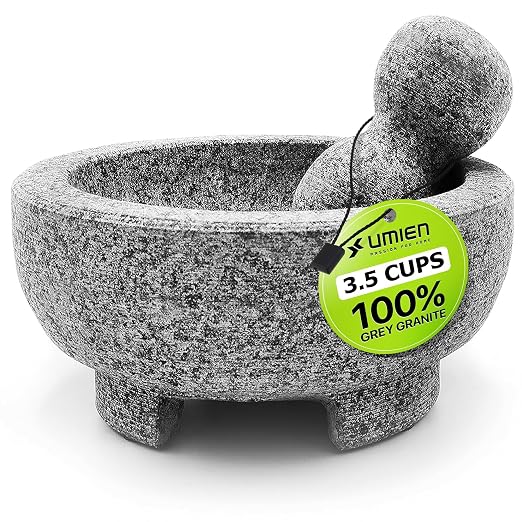 Granite Mortar and Pestle Set 8-Inch (3.5-Cup), Molcajete, Grey | 100% Granite, Avocado Tool Included, Molcajete Mexicano, for Guacamole, Spices, Herbs & Pesto, Premium Kitchen Gift