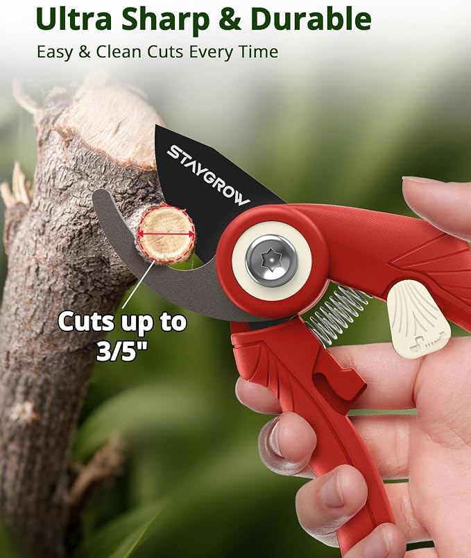 Pruning Shears 6.9" Professional Garden Shears Red | SK5 Stainless Steel Sharp Blades,Garden Clippers with Comfortable Grip Hands and Safety Lock,Gardening Tools for Men Women
