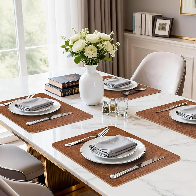 Faux Leather Placemats Set of 6 Heat Resistant Table Mats 17×12 Inch | Waterproof & Wipeable Place Mats Set of 6 Dual Sided Table Placemats for Kitchen Dining Indoor & Outdoor 43×30CM ReddishBrown