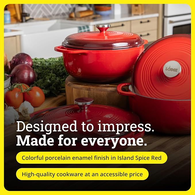 Lodge Essential Enamel Braiser 3.5 Quart - Refrigerator- & Oven-Safe up to 500° F - Heat-Retaining, Induction-Safe & PFAS-Free Enamel Cookware - Island Spice Red