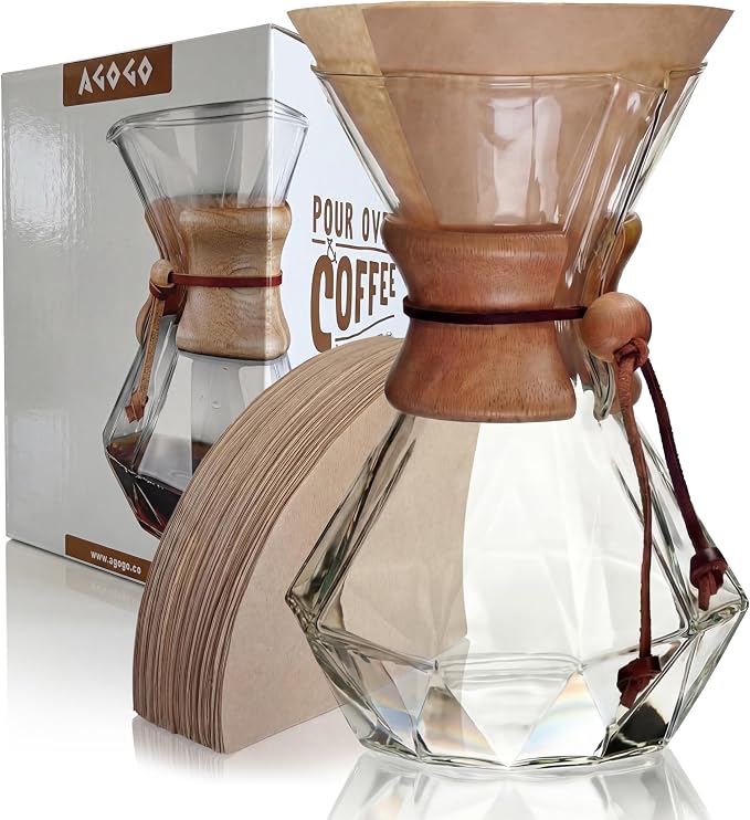 AGOGO Pour Over Coffee Maker Set, 28oz Diamond Style, 50 Paper Filters | Barista kit for home kitchen, Cafe, Camping & Office; 20oz-40oz Classic, Slim, Diamond styles; Includes brush & towel.