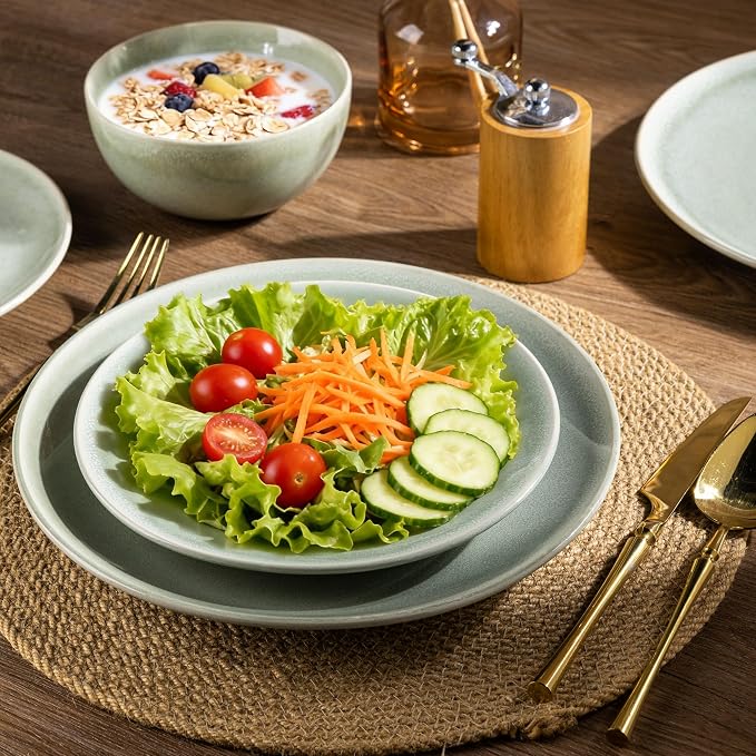 GBHOME Dinnerware Sets for 6, 24 Pieces Ceramic Plates and Bowls Set | Scratch Resistant Stoneware Dishes Set, Dishwasher & Microwave Safe, Reactive Glaze-Light Green