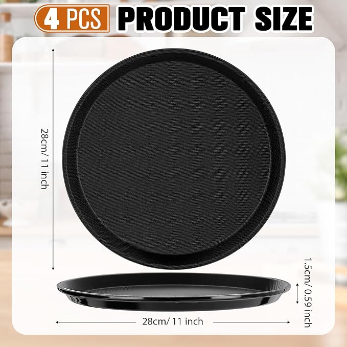 Zopeal 4 Pcs Bar Service Tray Round Plastic Non Slip,11" | For Waiter Server in Restaurant Cafeteria Bar, Raised Edges Prevent Spills, Cocktail Food Server, Textured Surface Grip