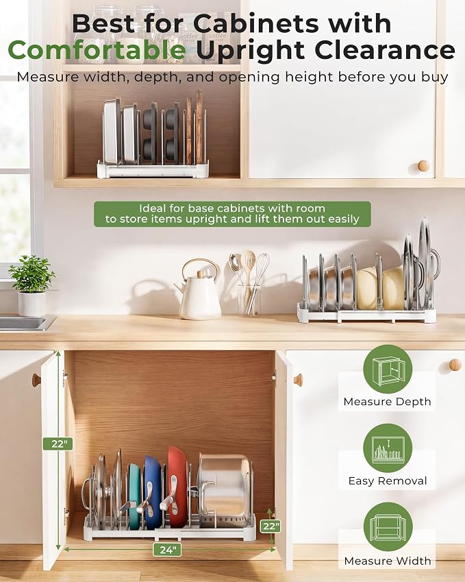 EVERIE Adjustable Cabinet Organizer for Pot Lids, Bakeware, Cookie Sheets & Cutting Boards, Upright Storage Rack for Kitchen Cabinet, Stable Dividers, 9.7" Deep, 12.6" to 21.5" Wide, GS02SS | 5mm Steel Dividers, Anti-Wobble, M-Slot for Lid Handles, BPA...