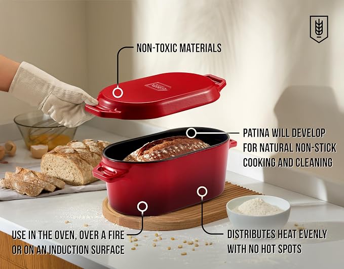 KooK Oval Dutch Oven, for Bread Baking, Sourdough Loaf Pan, Dual Handles, Enameled Cast Iron, with Sling, Dishwasher Safe, 3.4 Qt, Cherry Ombre