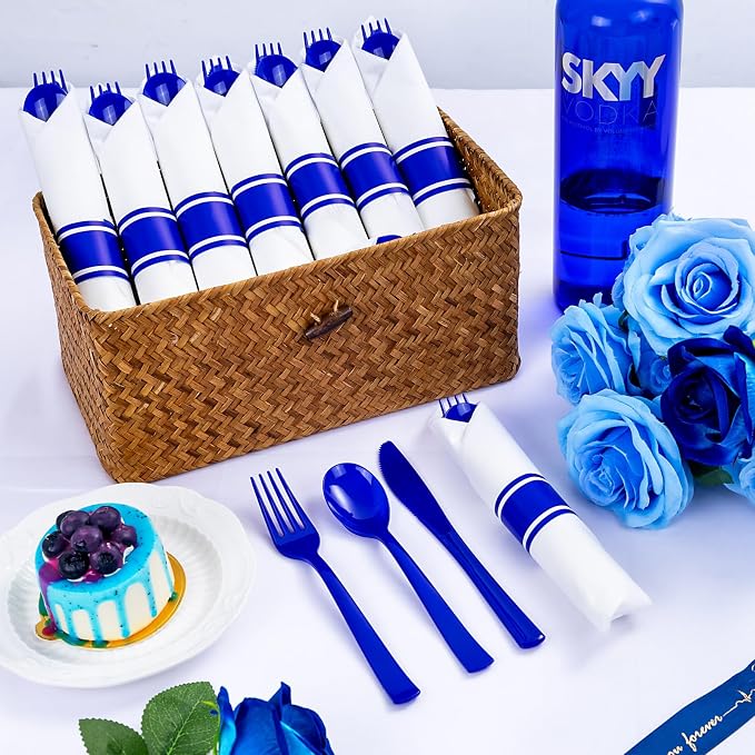400PCS Pre Rolled Blue Plastic Silverware Set Heavy Duty for Wedding | Individually Wrapped Utensils, 100 Guests, Durable and Sturdy, BPA free, Includes Matching Napkins, for Festive Events