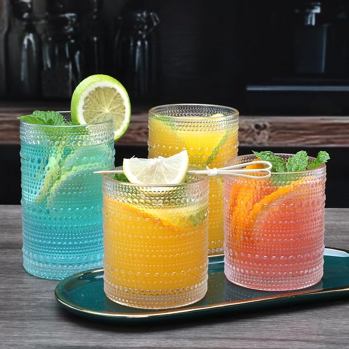 Hobnail Drinking Glasses, Tumbler Glassware, Set of 12 | 10 oz Cocktail Glasses & 12 oz Highball Glasses, Glass Cups for Whiskey, Juice, Home, Bar & Kitchen, Dishwasher Safe