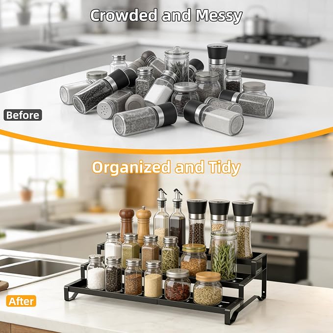 2 Pack Spice Rack Organizer for Cabinet, 13-21.5" Expandable Spicy Shelf | 9.45" Depth 3-Tier Black Metal Seasoning Organizer, Kitchen Spice Organization, Slip-Resistant Guardrails for Jars and Cans