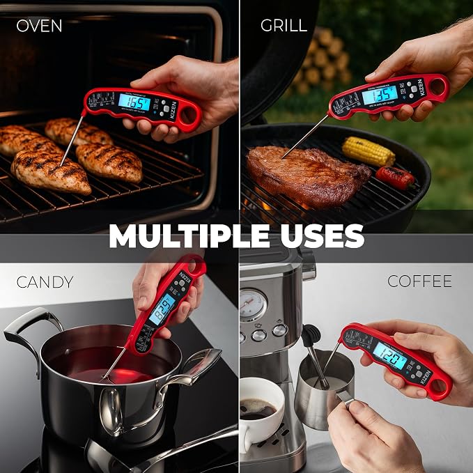 Instant Read Meat Thermometer Digital - Food Thermometer for Cooking, Grill, Oven, BBQ - IP67 Rated Waterproof - Large Backlit Display and Magnetic Back