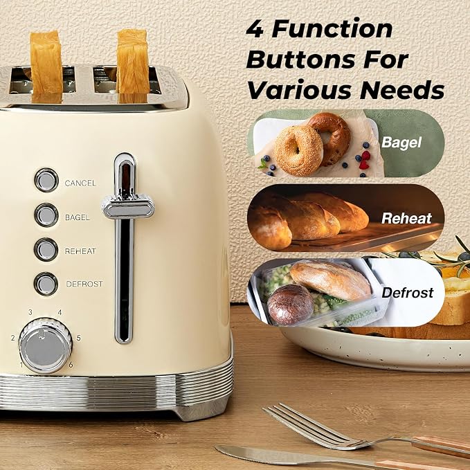 Toaster 2 Slice Retro Stainless Steel, Cream White | 1.5” Extra Wide Slots with Bagel, Defrost, Reheat, Cancel Functions, 6 Bread Shade Settings, Removable Crumb Tray