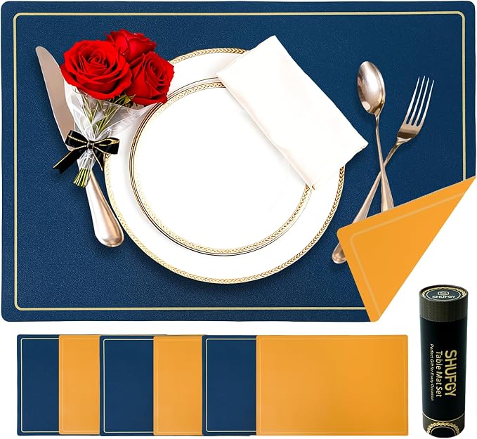 Faux Leather Placemats Set of 6, 11.8"x17.7", Blue & Yellow | Reversible Table Mats, Waterproof, Stain & Heat Resistant, Easy Clean for Dining, Gatherings, Outdoor