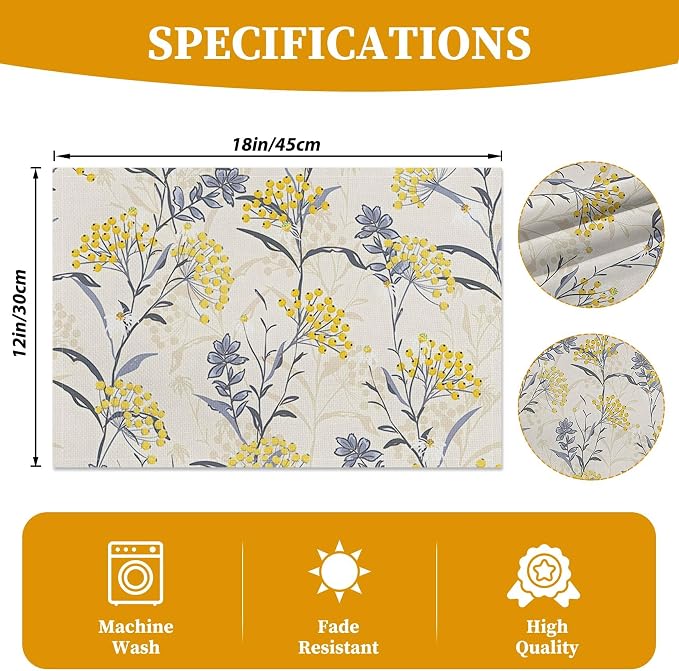 Floral Table Placemats Set of 4 Summer Flower Linen Cotton Washable Table Mats Heat Resistant Reusable Place Mat for Kitchen Dining 12x18 Inch