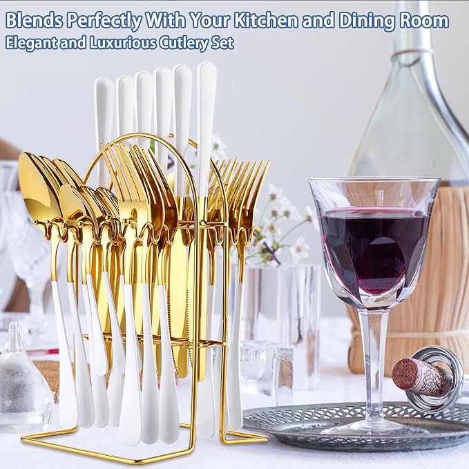 24 Pieces Silverware Set, Stainless Steel Flatware Set with Silverware Holder Spoons Forks Knives,Utensils Set Service for 6,Gold Mirror Polished and Matte Painted Cutlery Set (White)