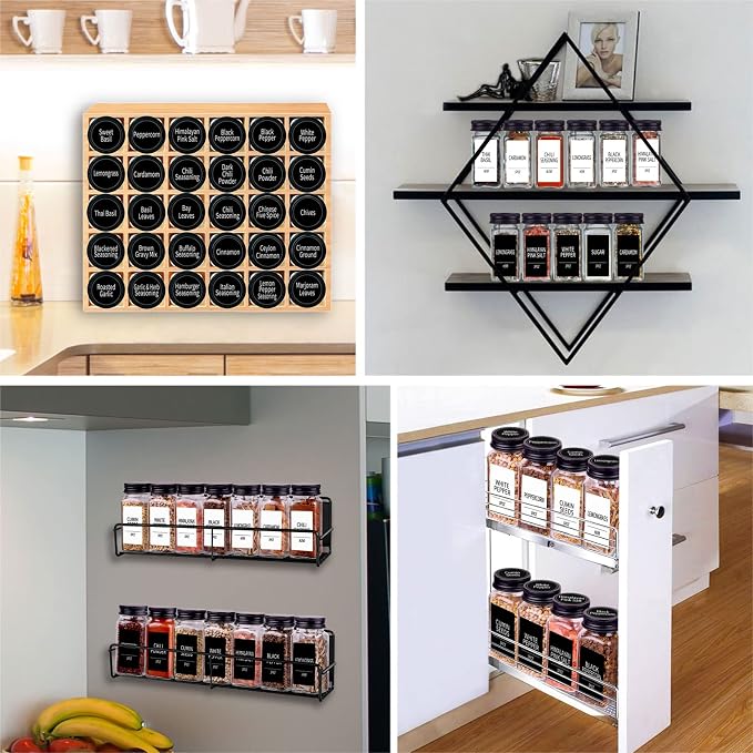 Churboro 66 Pack Glass Spice Jars with Labels, 4oz Spice Containers | Square Spice Bottles with Black Caps, Shaker Lids, 547 Labels, Funnel & Chalk Pen. Keep Seasoning Jars Neat and Organized