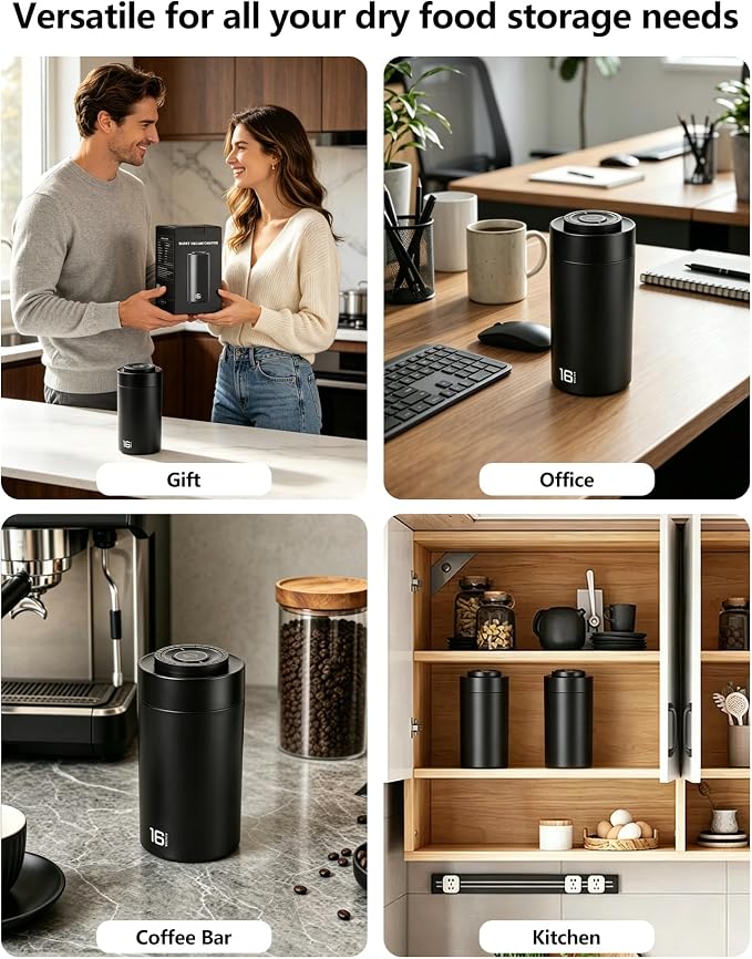 ROTTOGOON Auto Vacuum Coffee Canister, Rechargeable Airtight Coffee Container with 304 Stainless Steel Inner, Scoop, Sealed Coffee Bean Storage Container for Ground Coffee, Tea, Food, 16OZ/ 1.3L