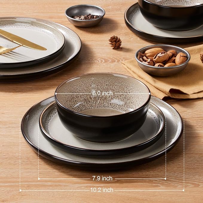 LIANYU Ceramic Dinnerware Set, 12 Piece Plates and Bowls for 4, Tidal Khaki | Porcelain Ceramic Dishes Set, Dishwasher & Microwave Safe Stoneware, Chip and Scratch Resistant Kitchen Dishware Set