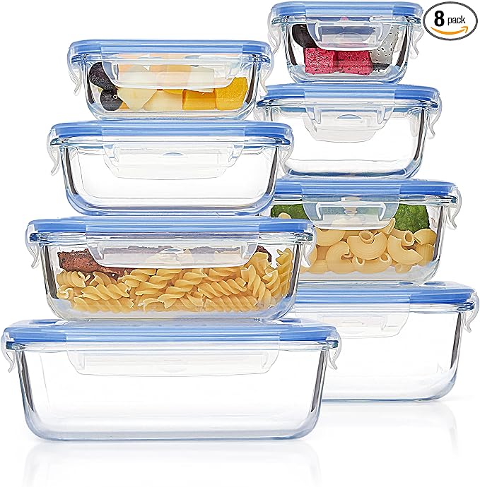 Vtopmart 8 Pack Glass Food Storage Containers with Airtight Lids | Meal Prep Lunch Containers, Leakproof, Leftover Storage, Take-out, Microwave, Oven, Freezer and Dishwasher Safe, BPA Free