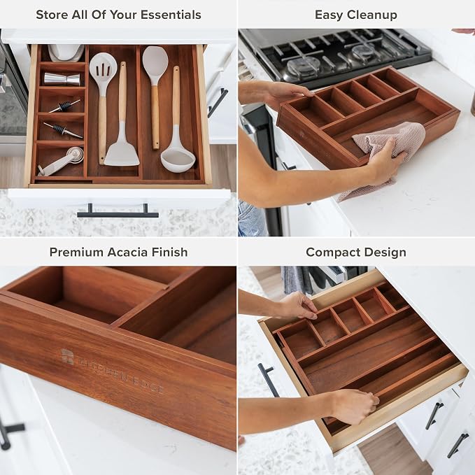 Utensil & Junk Drawer Organizer, 10.5-18.5 in, Acacia | Food-safe contract grade, 100% sustainable wood, non-slip, adjustable